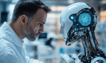 Fototapeta premium Technicians and white humanoid robots