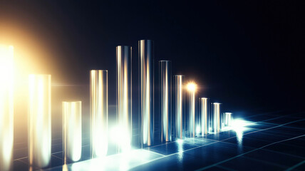 A futuristic stacked column chart with sleek, metallic columns arranged in a cascading fashion, illuminated by glowing light sources from below, creating a high-tech and visually striking data display