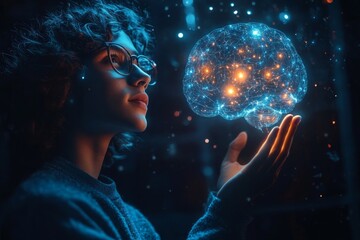 Woman admiring a glowing digital globe