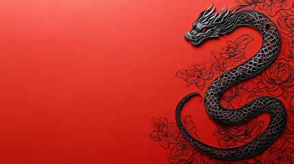 Obraz premium Intricate Black Dragon Design on Red Background