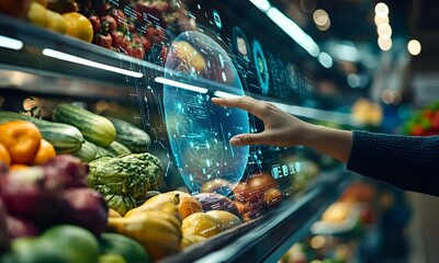 Futuristic Grocery Shopping: Woman Interacts with Holographic Produce Display in Smart Supermarket. Innovative technology enhances customer experience - Powered by Adobe