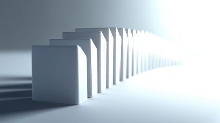Obraz premium A domino effect in progress with one domino standing upright while others fall, symbolizing resilience.