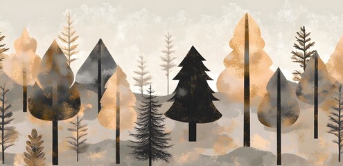 Abstract Gold and Black Forest Tree Landscape Art