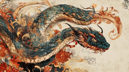 Fototapeta premium Serpentine Dragon Amidst Ornate Floral Designs