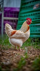Fototapeta premium Cream colored hen standing in grassy area near coop rural setting poultry farm