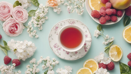 beautiful tea time setup featuring delicate teacup surrounded by fresh flowers, fruits, and vibrant colors, creating serene and inviting atmosphere