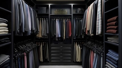 Obraz premium Organized men's closet with suits, shirts, and sweaters neatly arranged. Perfect for showcasing organization, menswear, or luxury lifestyle.