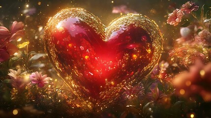 A shining red heart adorned with detailed golden edges placed amidst blooming flowers and radiant gold lighting
