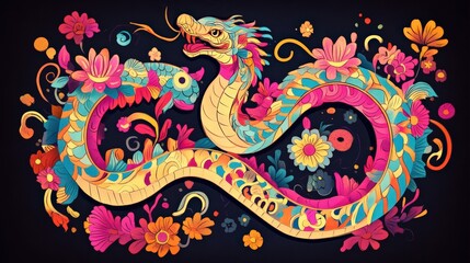 Obraz premium Ornate Dragon Intertwined With Vibrant Flowers