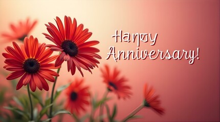 Happy Anniversary! Red Gerbera Daisies in Soft Focus, Warm Peach Background