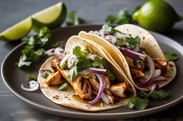 Plate Of Spicy Tacos Filled With Grilled Chicken, Fresh Cilantro, Diced Onions, And A Squeeze Of Lime, Served With Salsa Verde