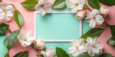 Fototapeta premium A charming frame adorned with vibrant flowers, set against a whimsical pink and blue backdrop, perfect for celebrating love on Valentine's Day.