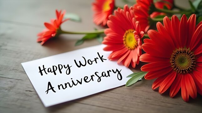 Happy Work Anniversary Greeting Card with Vibrant Red Gerbera Daisies on Rustic Wooden Table