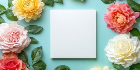 A pristine white card lies gracefully among vibrant flowers, creating a romantic ambiance on a soft blue surface, perfect for expressing love.