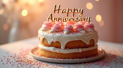 Delicious Two-Layered Anniversary Cake Adorned with Pink Roses, Sprinkles, and a Golden "Happy Anniversary" Cake Topper