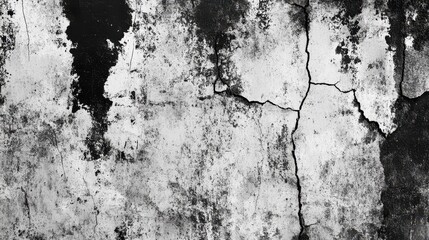 Fototapeta premium A black and white grunge texture pattern featuring cracks, chips, scuffs, dust, and stains on a transparent background, creating an abstract monochrome design.
