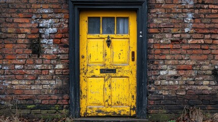 Old yellow door on brick wall exterior