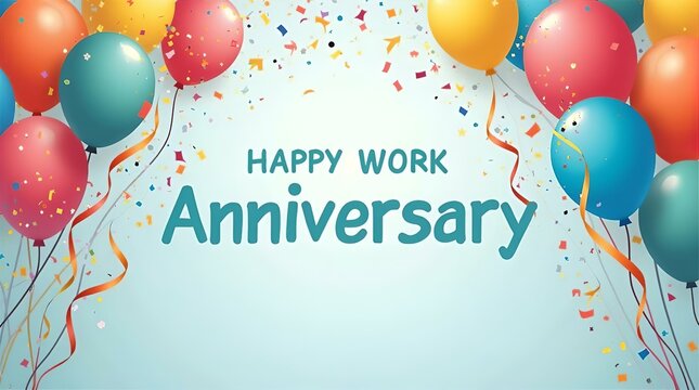 Festive Balloons and Confetti Celebrate a Happy Work Anniversary with Teal Text on a Light Blue Background