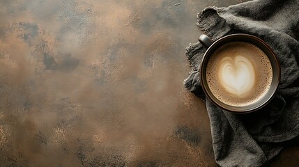 Latte art heart, coffee cup, brown background, textured surface, breakfast.