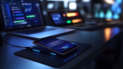 A smartphone with financial data displays on a wireless charging pad, next to laptops showing graphs and charts.  Modern tech workspace at night.