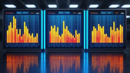 Fototapeta premium 2025 planning aligns with goal setting and objectives. Graphs displaying data trends on digital screens in a modern workspace.