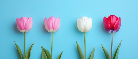 Fototapeta premium Three delicate tulips, adorned in soft pink and white hues, stand gracefully against a serene blue backdrop, embodying love's gentle charm for Valentine's Day.