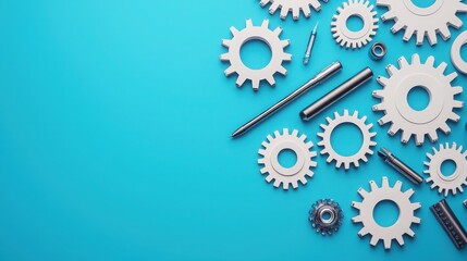 2025 planning aligns with goal setting and objectives. Gears and mechanical elements on a blue background for industrial themes.