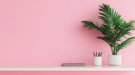 2025 planning aligns with goal setting and objectives. Minimalist workspace with a plant on a pink wall background.