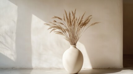 Modern ceramic vase featuring dried beige palm leaves and pampas grass, set against a neutral decor in a minimalist interior.