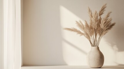 Modern ceramic vase featuring dried beige palm leaves and pampas grass, set against a neutral decor in a minimalist interior.