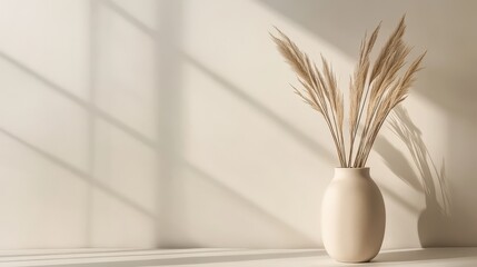 Modern ceramic vase featuring dried beige palm leaves and pampas grass, set against a neutral decor in a minimalist interior.