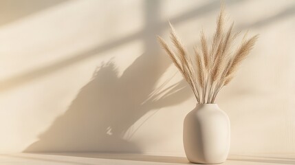Modern ceramic vase featuring dried beige palm leaves and pampas grass, set against a neutral decor in a minimalist interior.