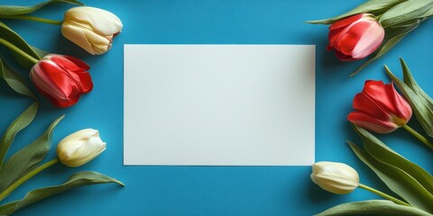 A pristine white sheet rests delicately amid a vibrant bouquet of red and white tulips, embodying the essence of love and beauty for Valentine's Day.