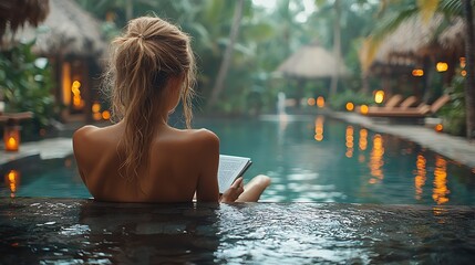 Woman reading book in tropical pool.