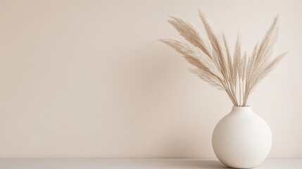 Modern ceramic vase featuring dried beige palm leaves and pampas grass, set against a neutral decor in a minimalist interior.