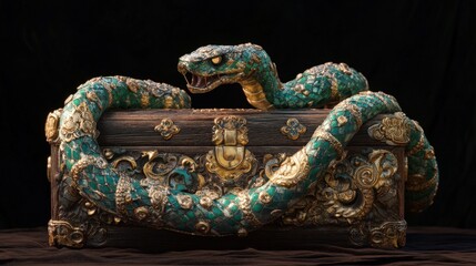Ornate Wooden Chest Guarded By A Jade Snake