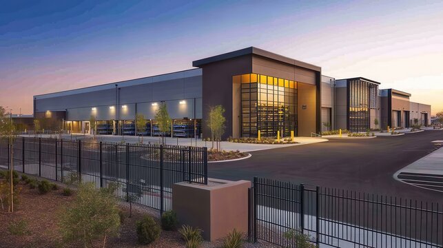 Modern industrial warehouse complex featuring a metal fence and expansive parking area, showcasing urban commercial architecture.