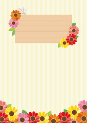 春の花と木目のボードのフレームとストライプ柄の背景のベクターイラスト03