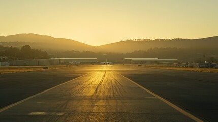 Naklejka premium A rural airport with a runway basking in the golden light of a clear morning.