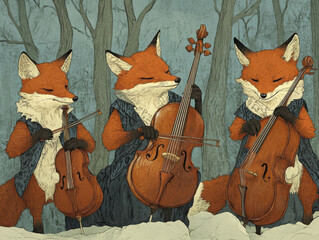 Three foxes playing string instruments in snowy forest setting, showcasing their musical talent and whimsical charm. scene captures playful and enchanting atmosphere