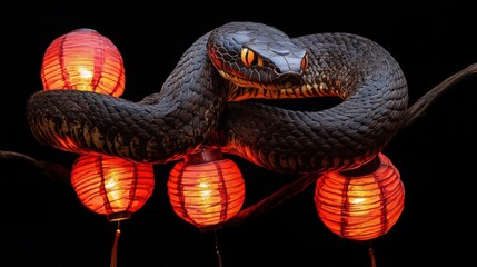 Fototapeta premium Black Snake Coiled Among Glowing Red Lanterns