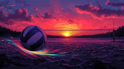 Volleyball on beach at sunset with net, player, vibrant colors