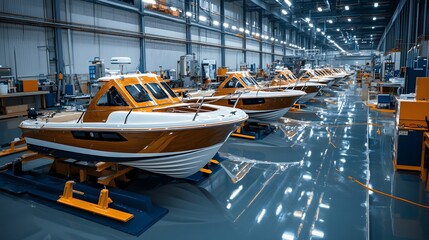 Modern Boat Manufacturing Facility Demonstrating Advanced Technology and Production Process with Sleek Boats on Display in a Bright, Spacious Environment