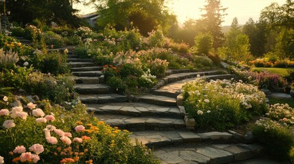 A serene hillside flower garden with terraced beds filled with seasonal blooms.