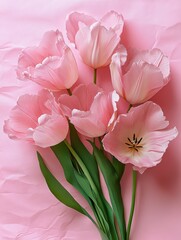 Obraz premium Delicate pink flowers bloom gracefully atop a soft pink surface, embodying the essence of romance and love, perfect for a Valentine's Day celebration.