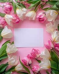 A delicate white card rests gracefully among vibrant pink tulips and lush green leaves, embodying the essence of love and beauty this Valentine's Day.