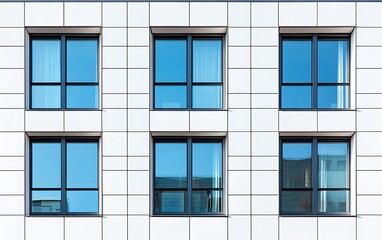Modern building facade, six windows, city reflection, architectural detail, design use.