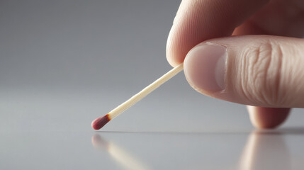 hand holding matchstick, poised to ignite against smooth surface, captures moment of anticipation and potential. delicate balance of matchstick highlights its fragility and purpose
