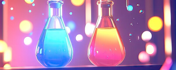 Two colorful laboratory flasks with vibrant liquids, set against a blurred background.