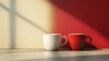 Fototapeta premium Simple and Elegant Coffee Cups on a Rustic Table with Natural Light and Colorful Background Creating a Warm Ambiance for Lifestyle Photography